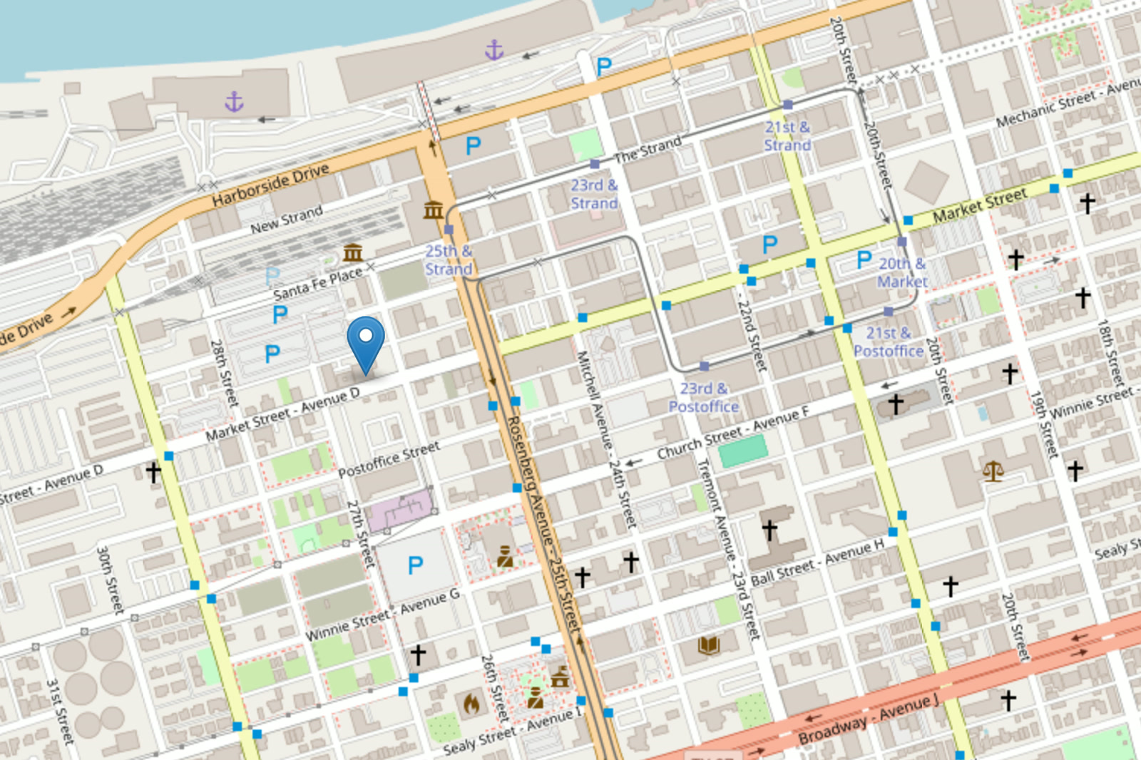 Map showing Galveston Distilling Co at 2502 Market Street, Galveston TX